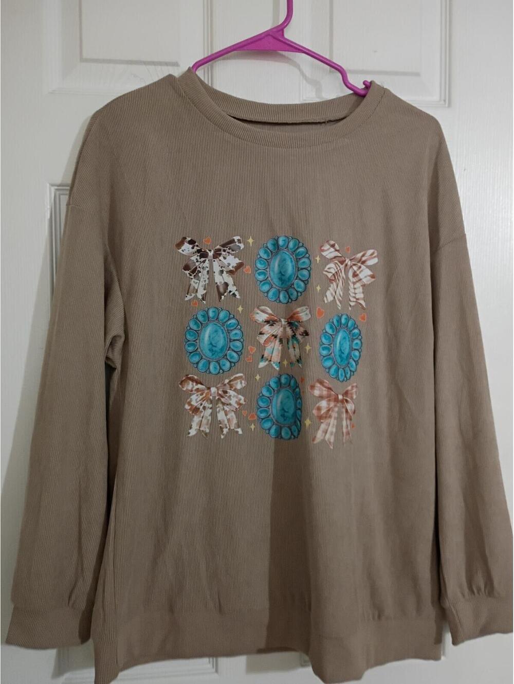 Beige Long Sleeve Shirt with Bow and Turquoise Stone Print